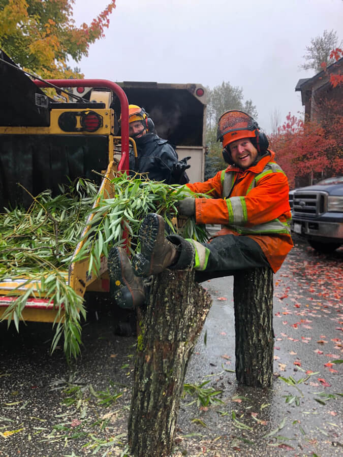 Garibaldi Tree employee is taking a break from tree work and is sitting on two pieces of wood, making a funny shape, and is holding two leafy branches. He's smiling at the camera. It's raining outside.