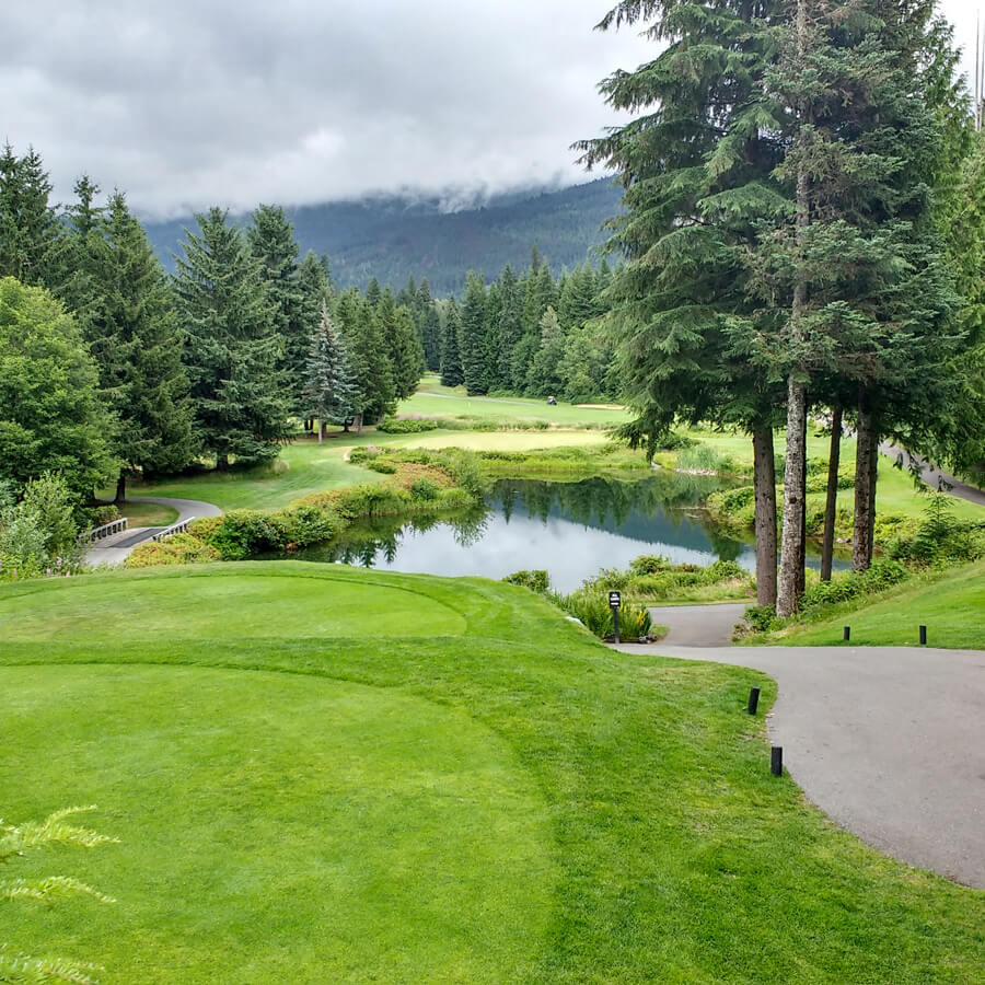 Whistler Golf Course green on a cloudy day. Whistler Golf Course is a client of Garibaldi Tree's and relies on us for professional tree planning.